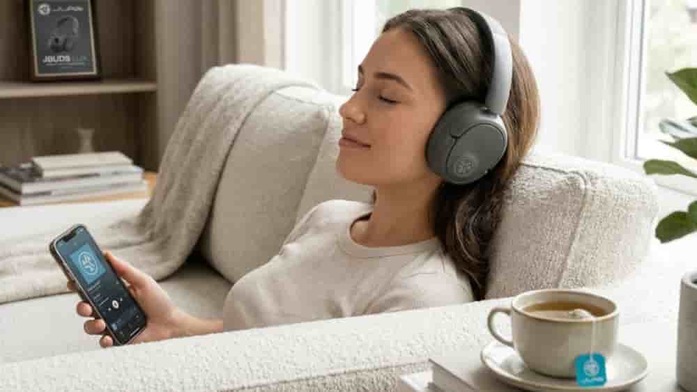 Casque JLab JBuds LUX ANC en finition Graphite, conçue pour alterner entre écoute immersive et appels quotidiens.