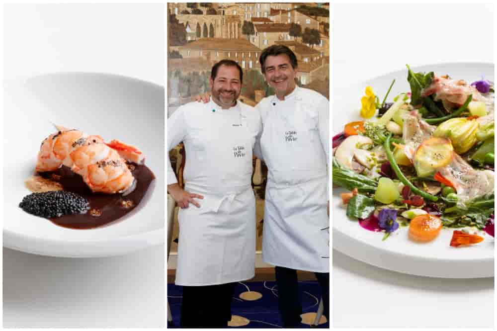 Langoustine pochée, graines de vanille, civet de tête à l’Esprit de Pavie, grains de caviar « Prunier » ; Sébastien Faramond (chef exécutif) et Yannick Alléno ; Balade presque végétale, fins copeaux luisants de lard Gascon.