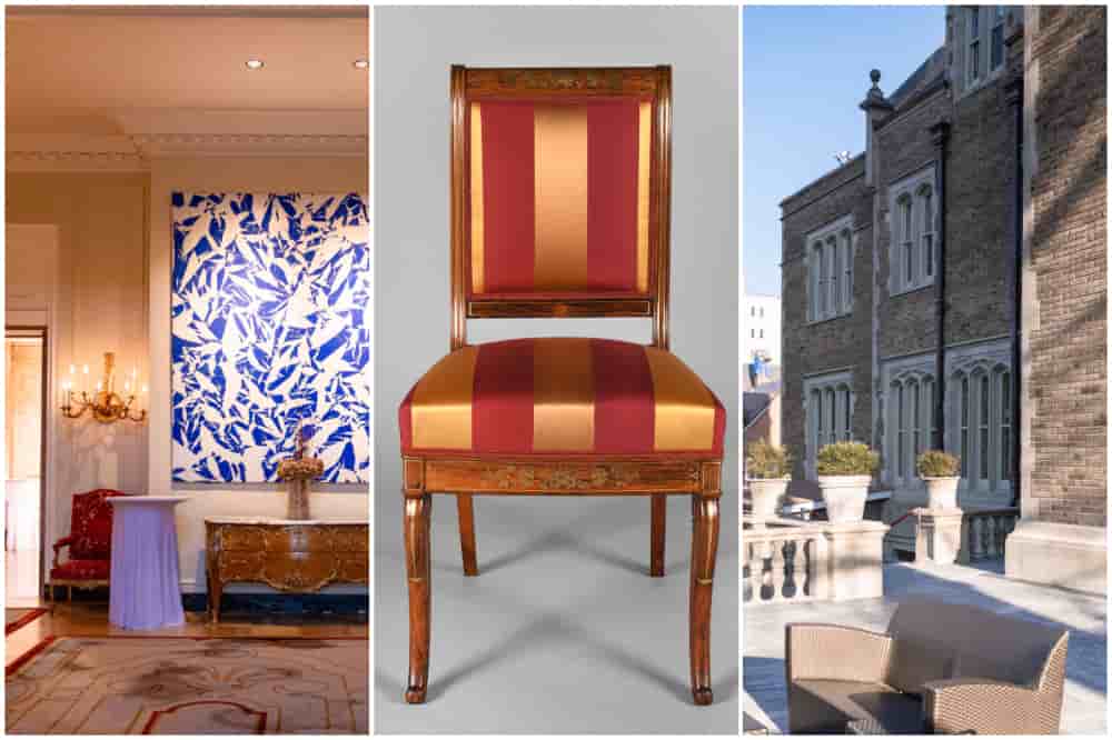 L’oeuvre Sérigraphie - étude de Simon Hantaï (1970), chaise du premier salon de la princesse Clémentine au palais des Tuileries par Jean-Louis Laflèche, 1836 et la terrasse de l’ambassade de France de Washington.