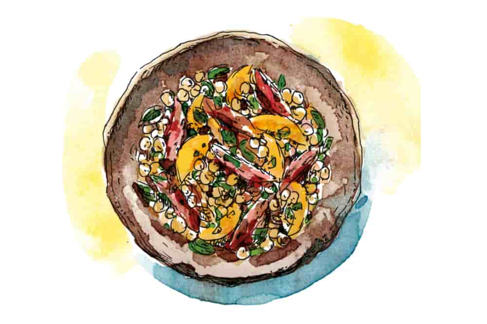 Découvrez la recette d’été idéale de la semaine : la salade d’agneau aux pois chiches, aux brugnons et à la menthe.