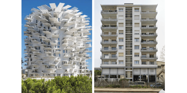 L'Arbre blanc, inauguré en 2019, et le bâtiment construit dans les années 1960 et baptisé "l'arbre gris" par l'architecte Yann Legouis, se font face à Montpellier.