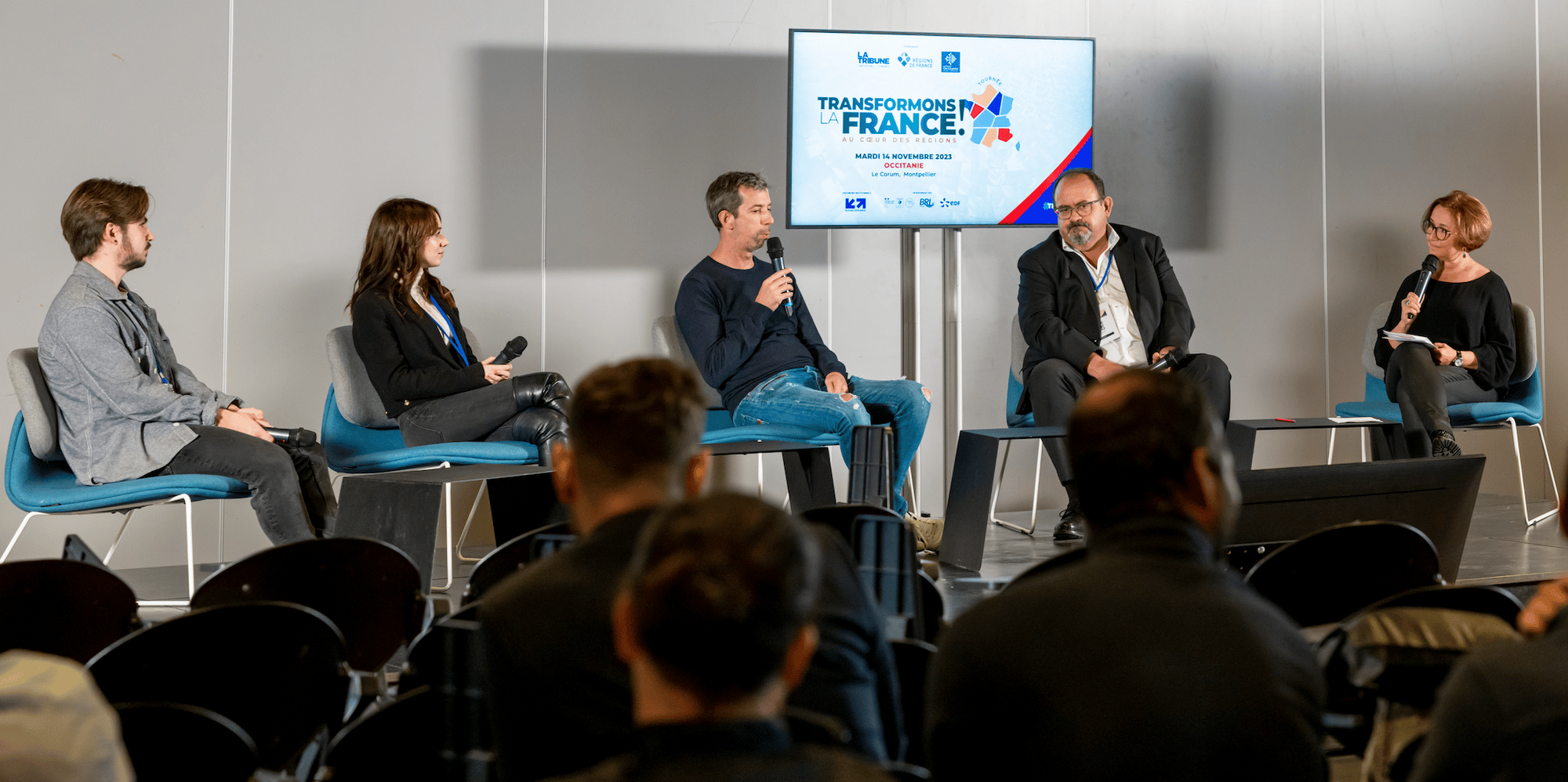 Deux étudiants de l'ESMA étaient aux côtés de Francis Ingrand (Plug in Digital) et de Karim Khenissi (ESMA) pour évoquer la guerre des talents dans le secteur des industries culturelles et créatives, le 14 novembre 2023 sur l'événement Transformons la France à Montpellier.