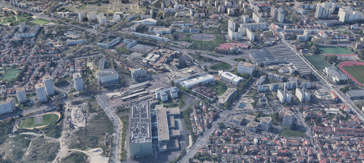 A la confluence des anciennes villes de Pierrefitte et de Saint-Denis, avec, au premier plan, les Archives nationales (ex-Pierrefitte) et à l'arrière, l'université Paris-8 (ex-Saint-Denis).