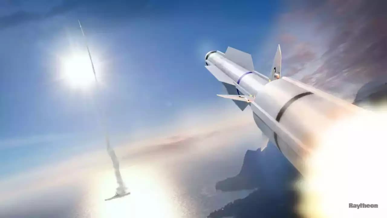 Représentation du tir de deux missiles antiaériens longue portée RIM-174A/SM-6.