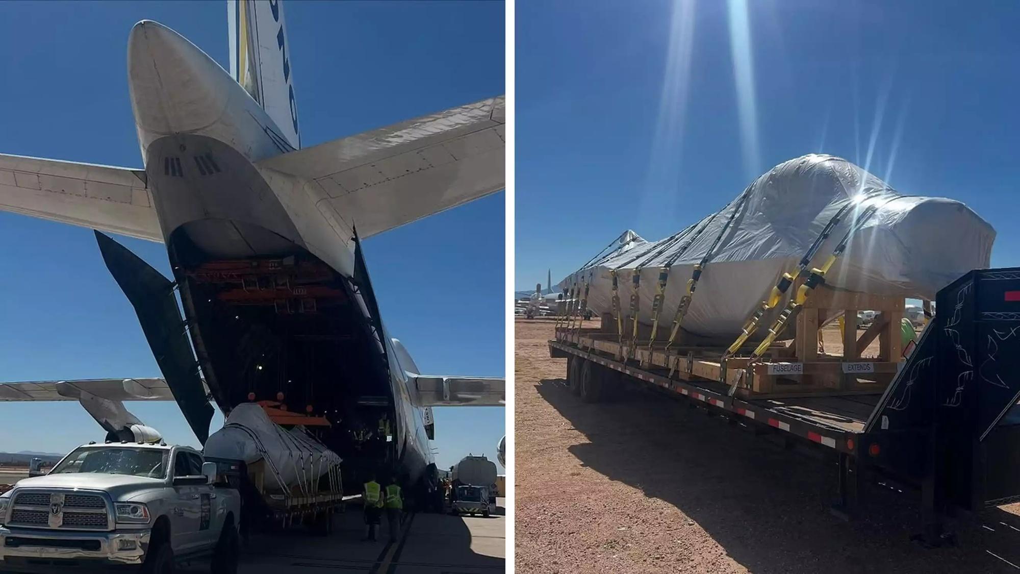Chargement de F-16 Fighting Falcon stockés à Davis Monthan (États-Unis) dans un An-124 pour être livrés à l'Ukraine.