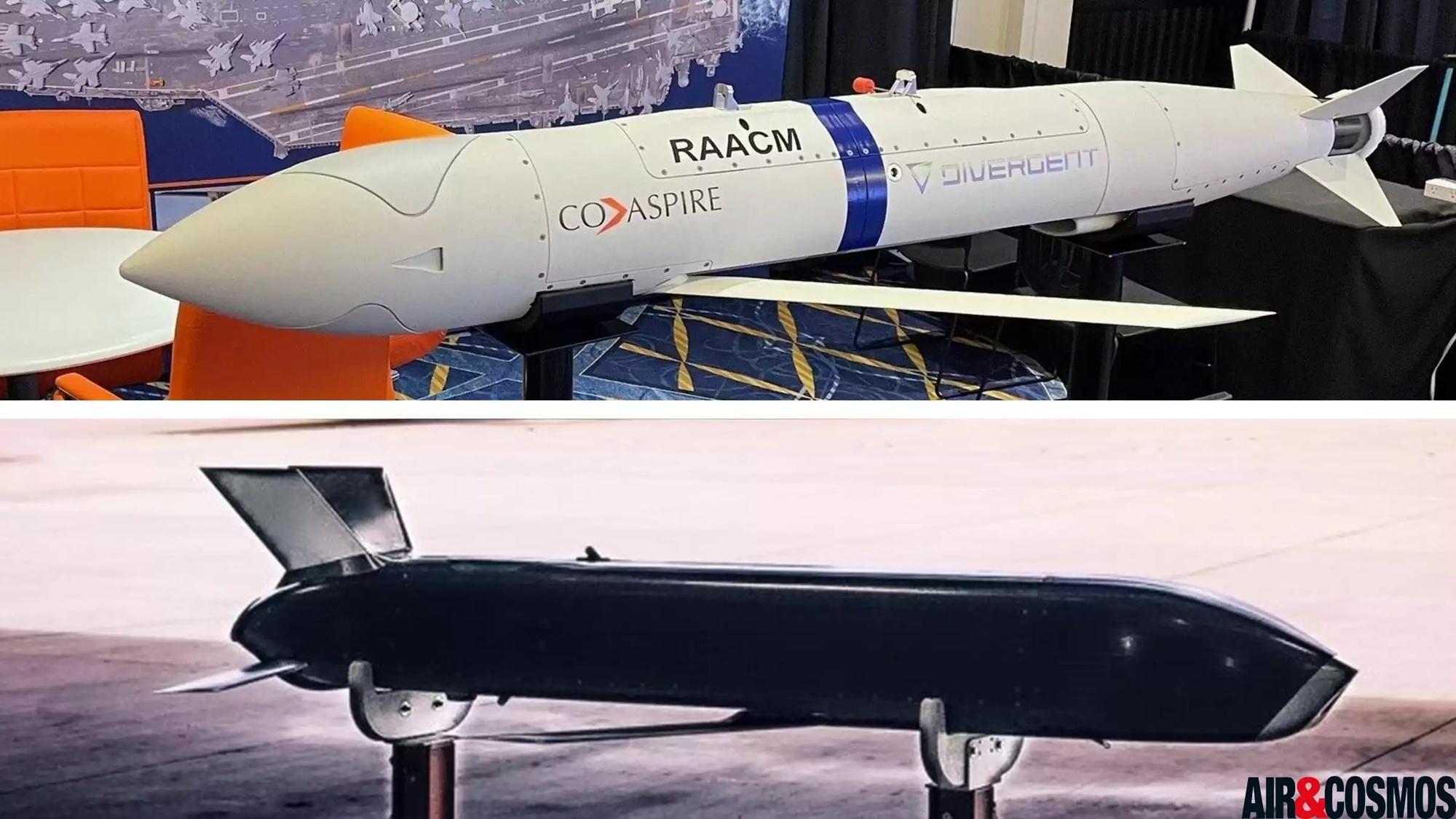 Les deux prototypes du programme ERAM : les missiles de croisière longue portée RAACM (en haut) et Rusty Dagger (en bas).