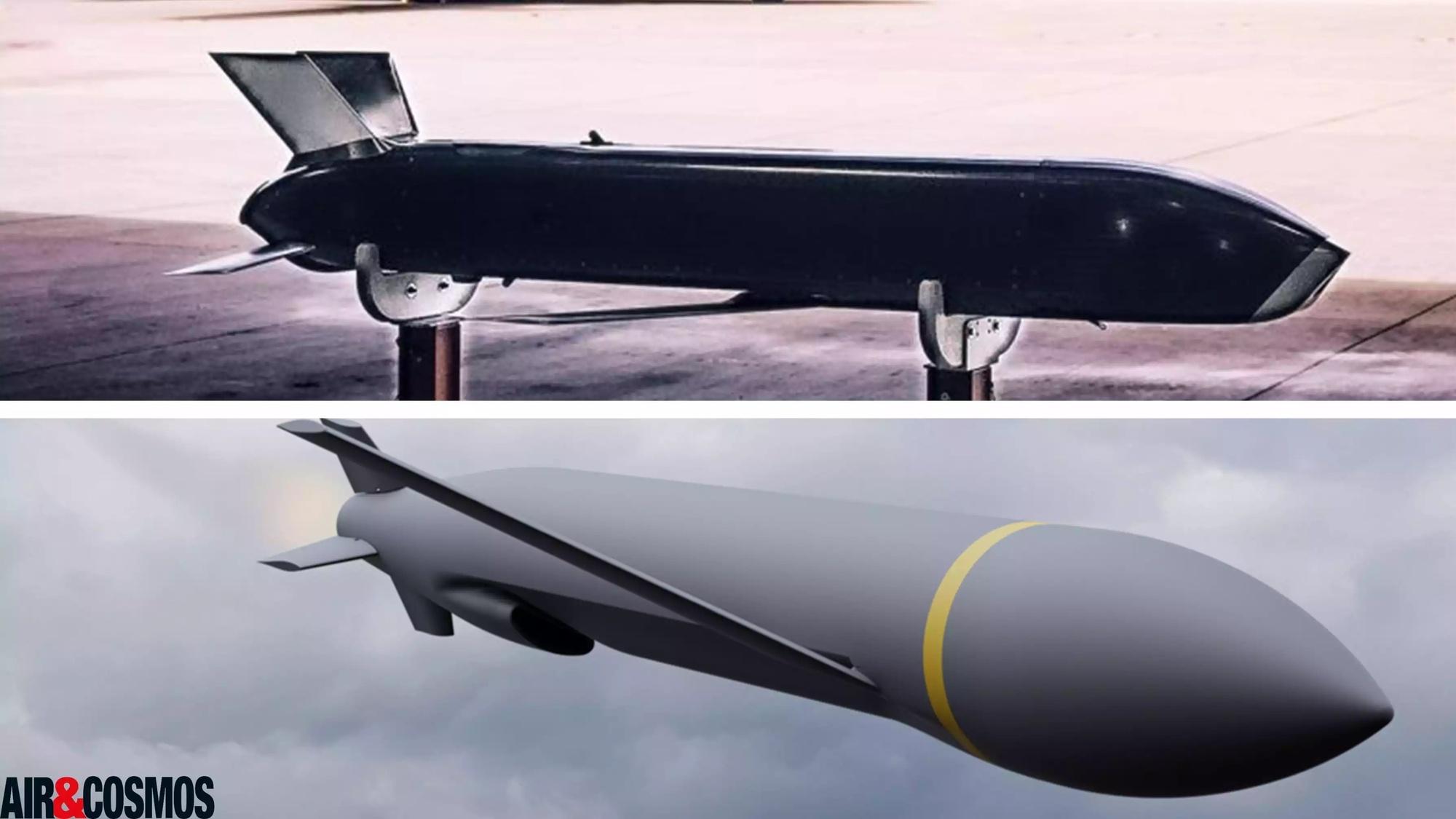 Les deux missiles low cost longue portée du programme ERAM : le Rusty Dagger (en haut) et le RAACM (en bas).