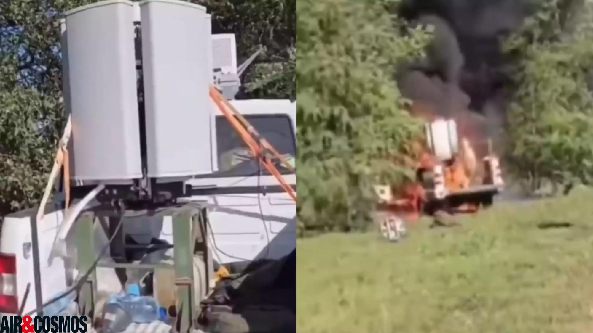 Quelques minutes seulement après avoir tourné une vidéo de présentation, ce brouilleur de drones russes a été détruit par deux drones Ukrainiens(11 octobre 2025).