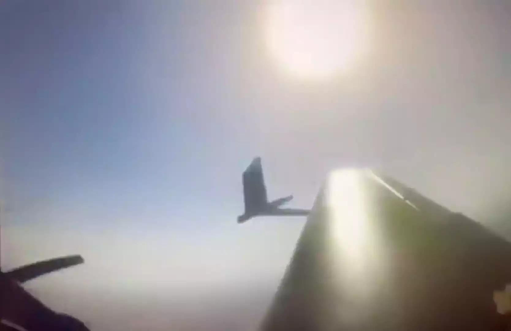 Un pilote de Yak-52 ukrainien s'apprête à couper en deux un drone de reconnaissance russe Zala à l'aide de l'aile droite (tribord) de son avion (16 octobre 2025).