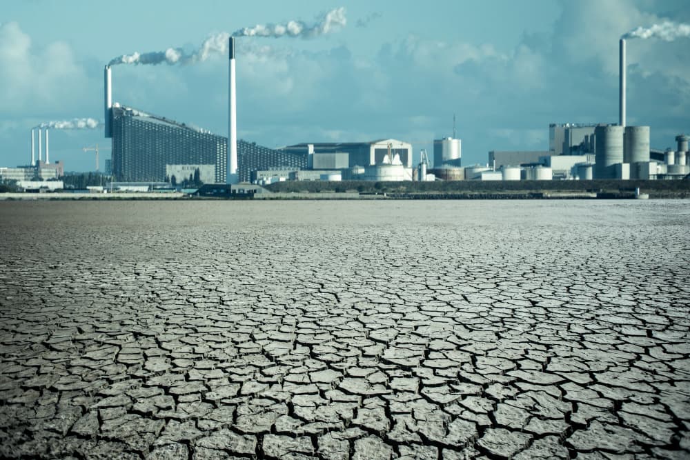 City after the effects of global warming and air pollution. Climate changes concept.