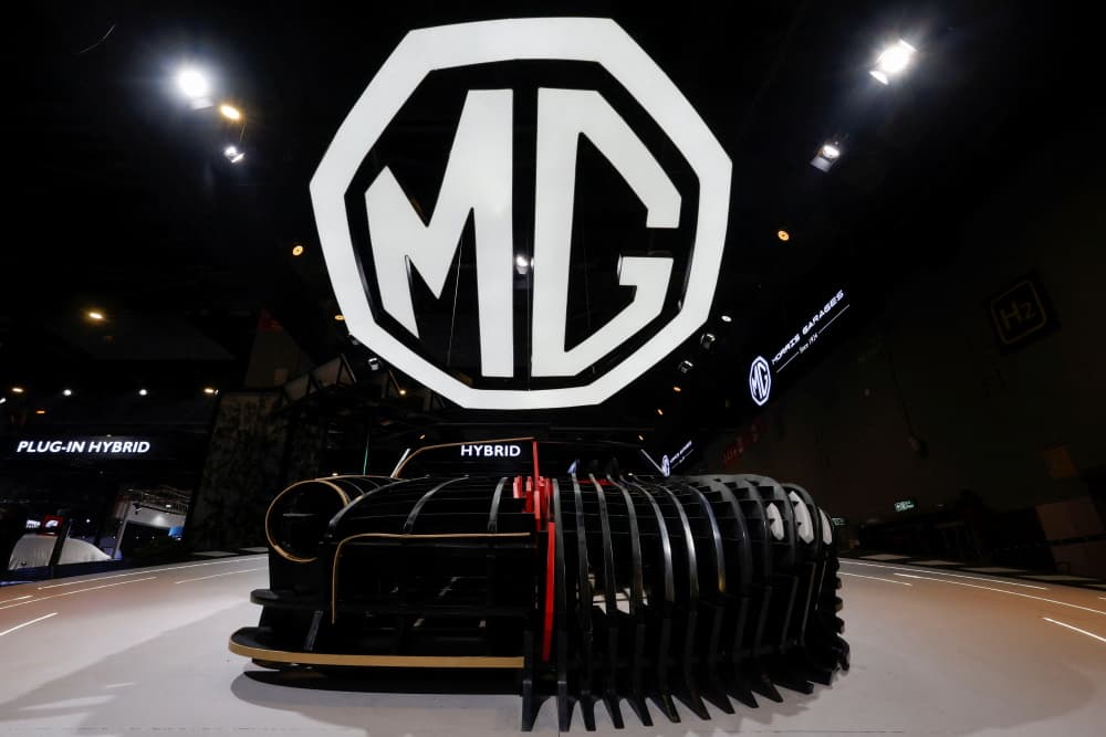 Le logo de MG Motor est visible lors du salon automobile de cinq jours à New Delhi, en Inde, le 17 janvier 2025.