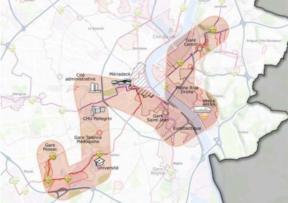 Le corridor retenu par Bordeaux Métropole pour une potentielle ligne de métro à l’horizon 2040-2045.