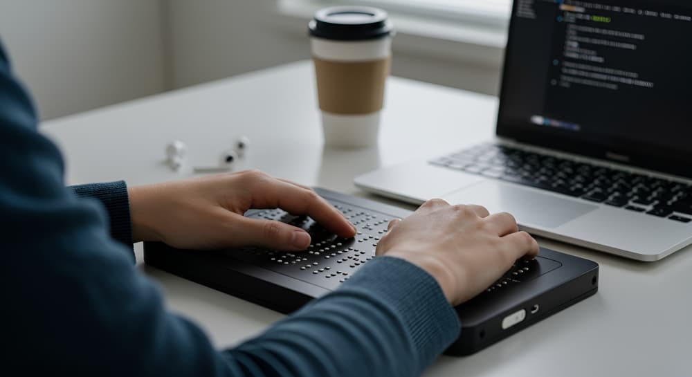 Personne codant avec un clavier Braille et un ordinateur portable, tasse de café et écouteurs