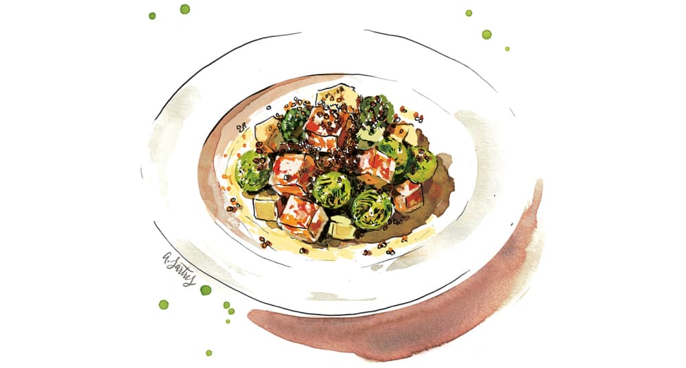 Découvrez notre recette de la semaine : les choux de Bruxelles rôtis au halloumi, pommes et sarrasin
