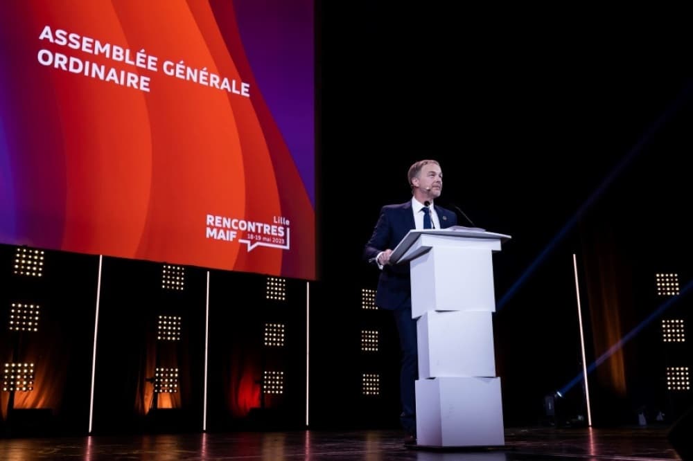 Yves Pellicier, ici lors de l'assemblée générale 2023, a été élu président de la MAIF en 2022.