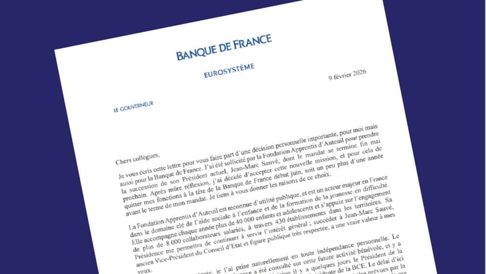 La lettre de François Villeroy de Galhau annonçant, ce lundi 9 février, son départ de la Banque de France.