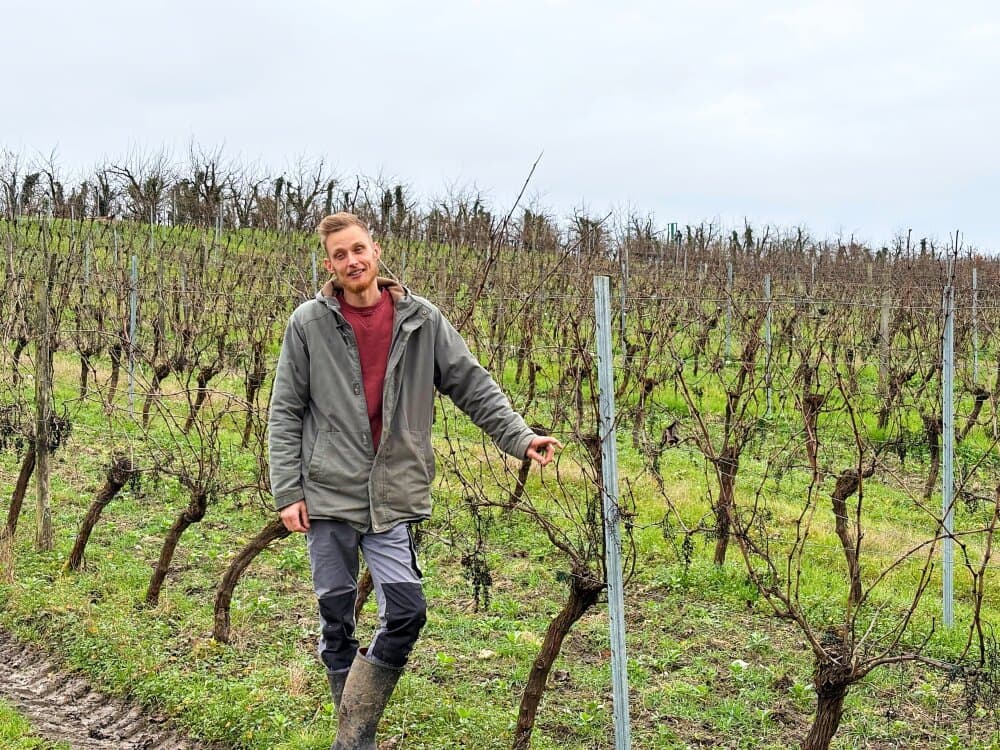 Julien Blajda, agriculteur à Duras (Lot-et-Garonne) devant ses parcelles de vignes et de pruniers.