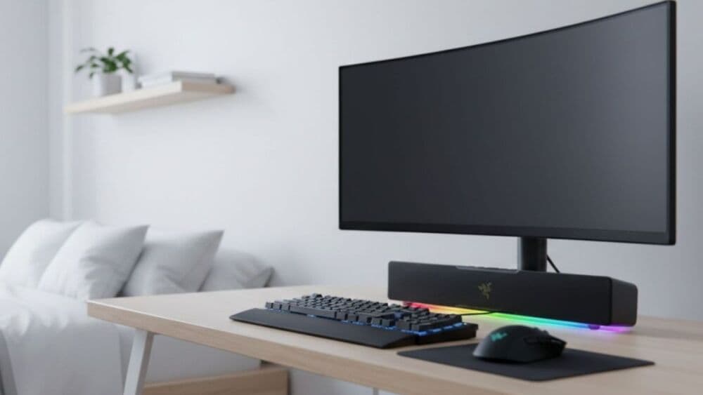 La Razer Leviathan V2 X trouve sa place sous l’écran sans encombrer le bureau.