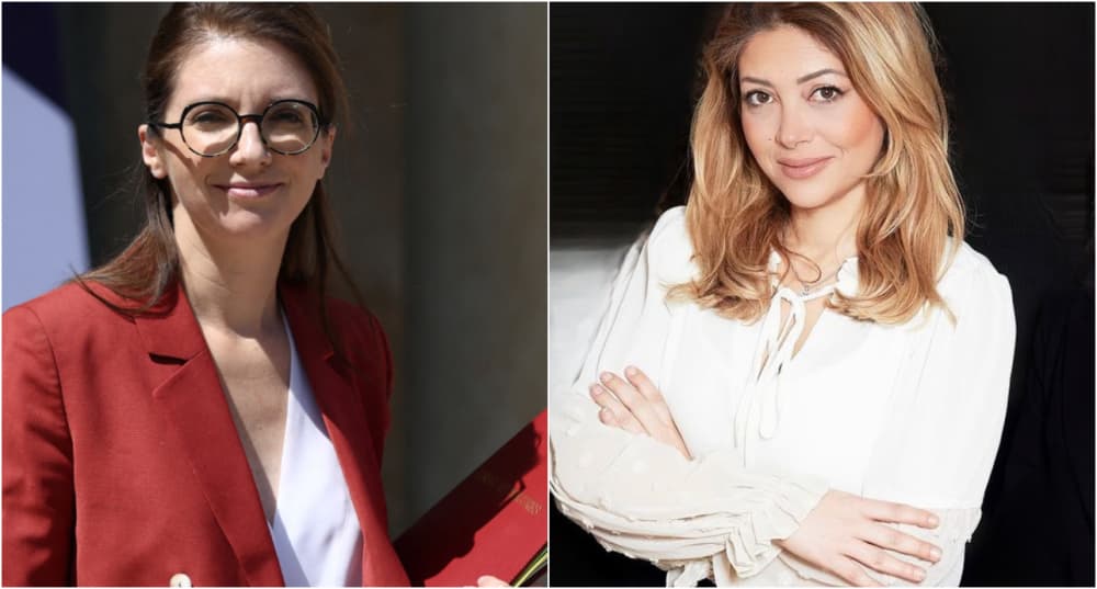 Aurore Bergé (à gauche), ministre chargée de l’Égalité entre les femmes et les hommes et de la lutte contre les discriminations, et Mona Jafarian (à droite), essayiste et cofondatrice de l’association Femme Azidi