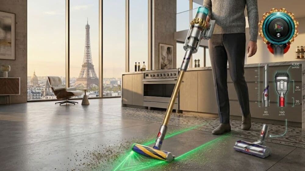 Le Dyson V15 Detect utilise un faisceau lumineux pour révéler les poussières invisibles sur les sols durs.