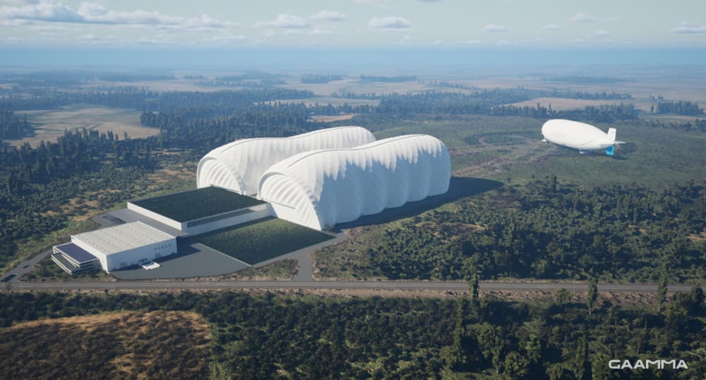 Visuel du futur site d’assemblage de dirigeables de Flying Whales dont les travaux doivent débuter en septembre 2026 à Laruscade, en Gironde. Chaque hangar mesure 240 mètres de long pour 70 mètres de haut.