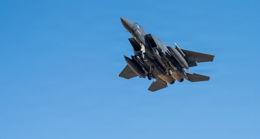 Un avion F-15E Strike Eagle de l’US Air Force décolle pour une mission de soutien à l’opération « Epic Fury », le 9 mars 2026 (image d’illustration).