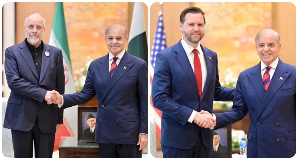 A gauche, le Premier ministre pakistanais Shehbaz Sharif rencontre Mohammad Bagher Ghalibaf, le président du parlement iranien. A droite, le Premier ministre pakistanais sert la main au vice-président américain, J-D Vance.