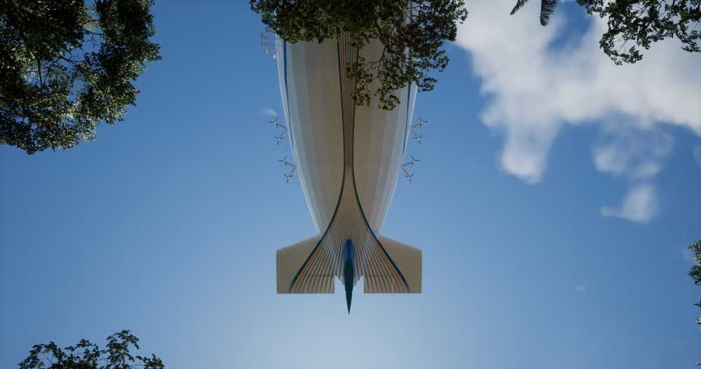 Visuel d’un dirigeable géant de Flying Whales en vol.