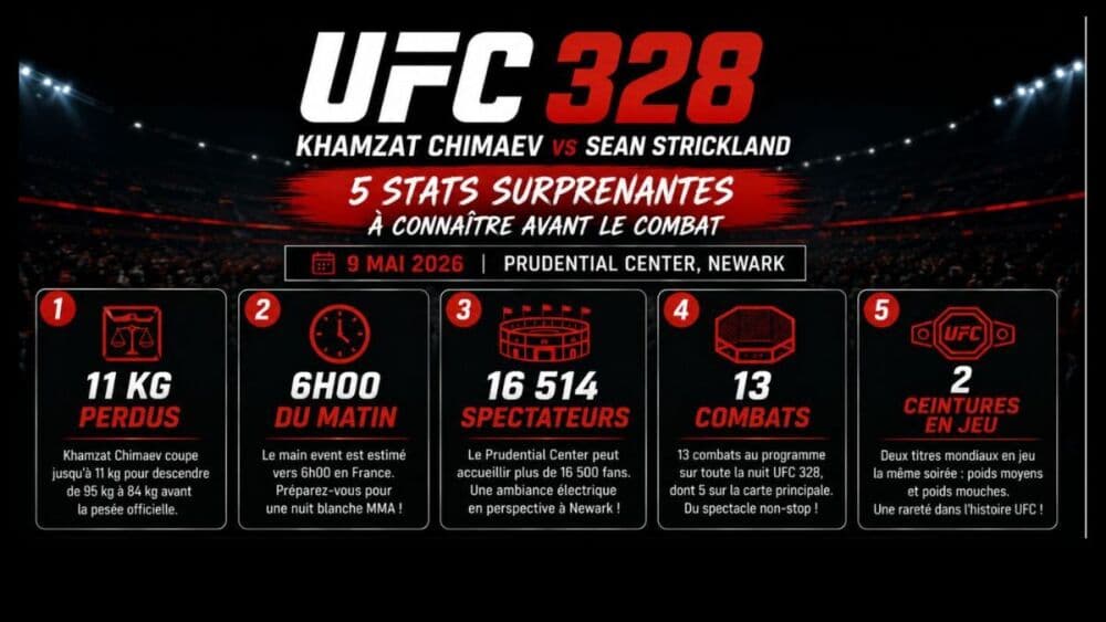 UFC 328 : Khamzat Chimaev à Sean Strickland le 9 mai 2026 au Prudential Center de Newark.