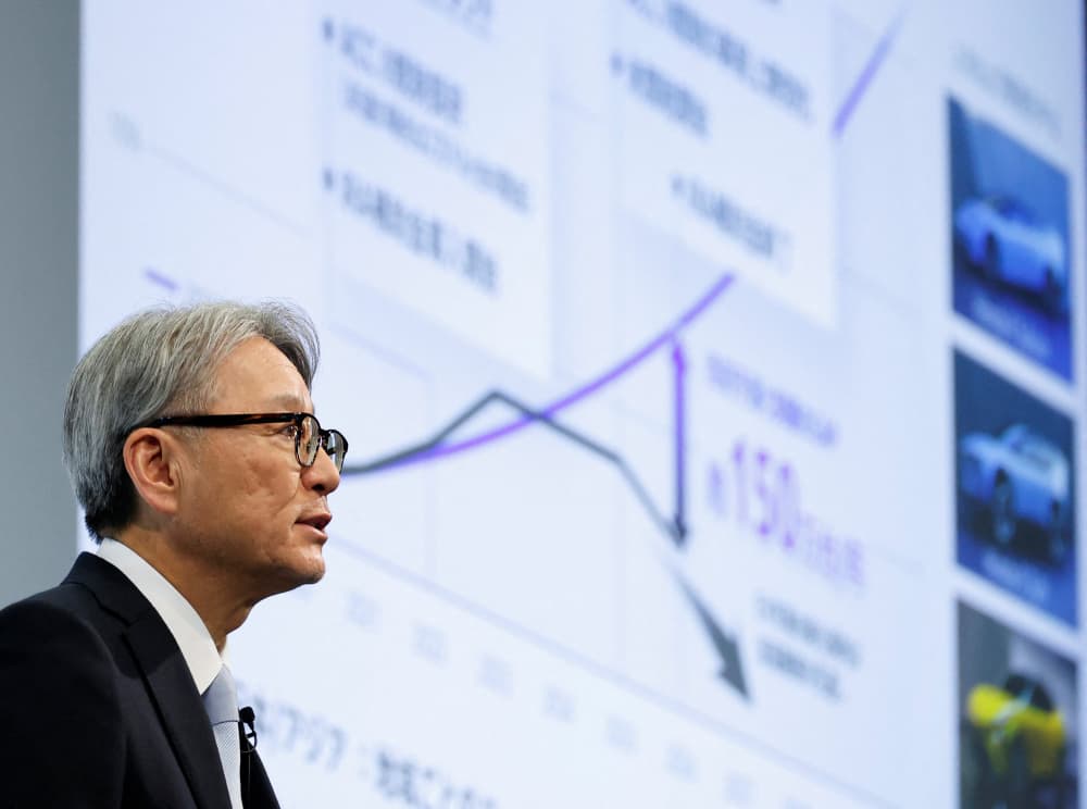 Le PDG et président de Honda Motor, Toshihiro Mibe, lors d'un point presse sur les résultats financiers de l'entreprise à Tokyo (Japon), le 14 mai 2026.