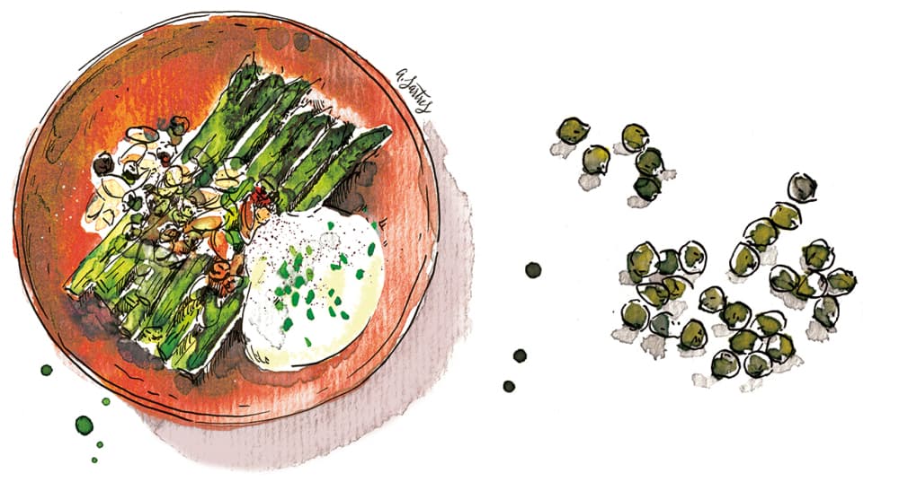 Les asperges aux câpres et aux amandes.