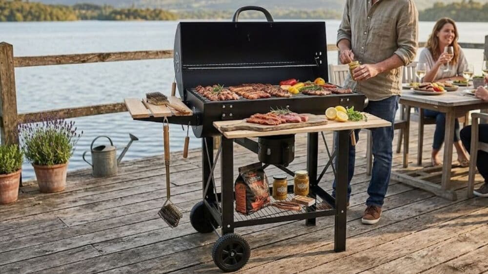 Avec son couvercle, ses roulettes et sa grille XL, ce modèle vise les grandes tablées estivales au jardin.