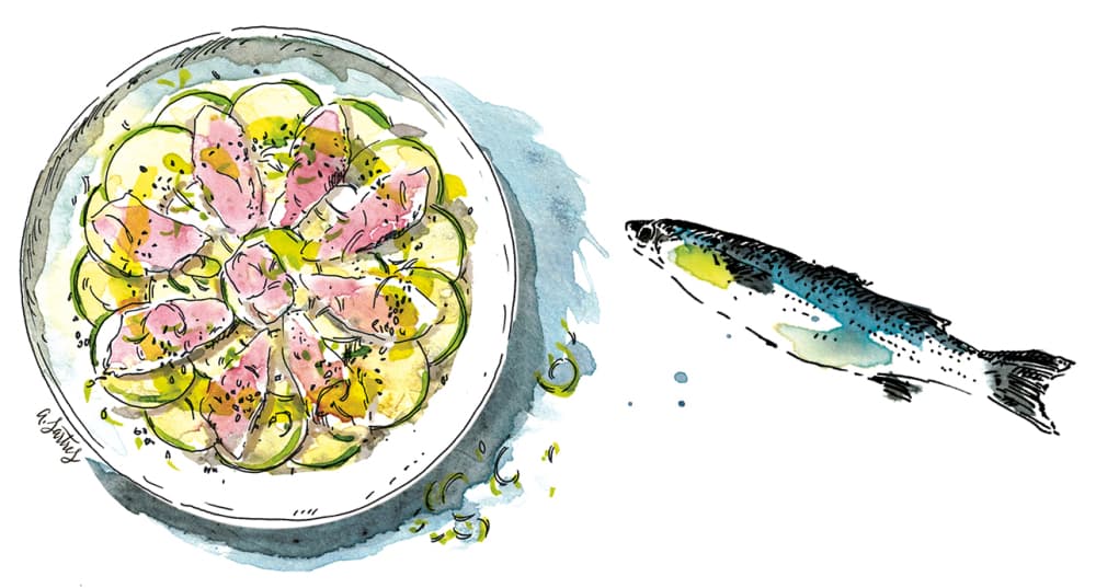 La recette du carpaccio de mulet noir aux courgettes jaunes d’Anne Etorre.