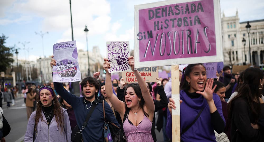 Manifestation à Madrid à l'occasion de la journée internationale du droit des femmes, le 8 mars 2026.