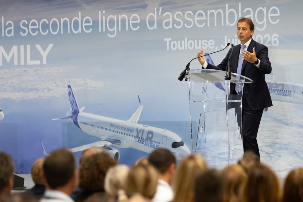 Guillaume Faury, président exécutif d'Airbus, lors de l'inauguration de la seconde ligne d'assemblage de la famille A320 à Toulouse.
