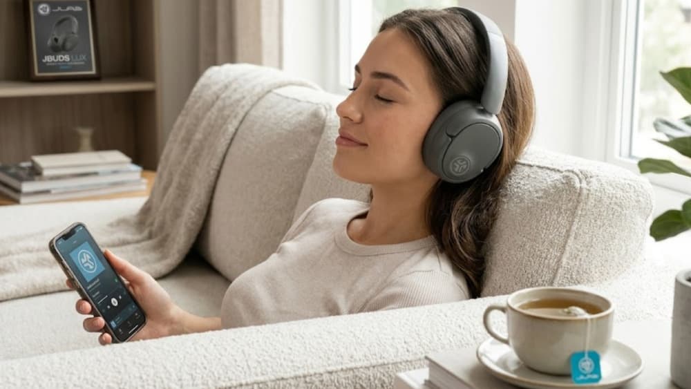 Casque JLab JBuds LUX ANC en finition Graphite, conçue pour alterner entre écoute immersive et appels quotidiens.