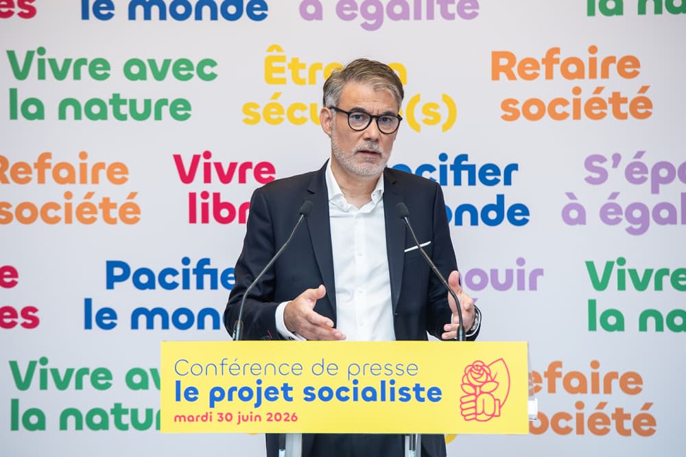 Conference de presse de presentation du projet adopte par le parti socialiste a la suite du vote du 25 juin 2026, pour la presidentielle 2027 avec Chloe Ridel, Coordinatrice nationale du projet et Olivier Faure, Premier secretaire, le 30 juin 2026 a...