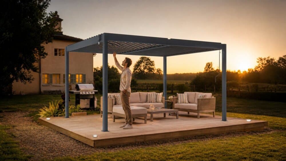Le Cazeboo Piana 4x3m repose sur quatre pieds ancrés au sol, sans appui mural, pour une installation libre sur toute surface extérieure.