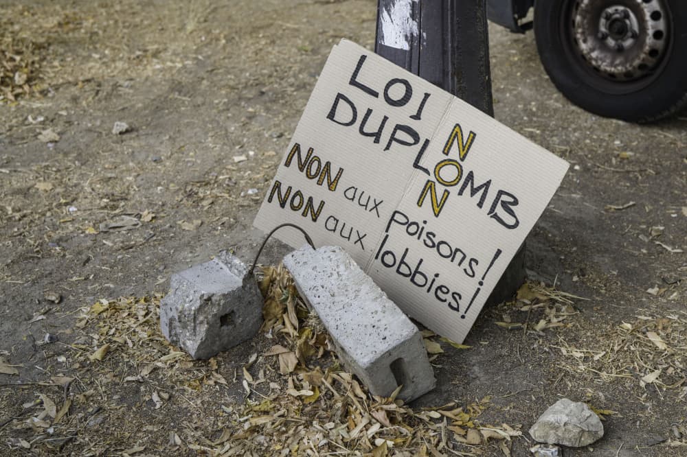 Une pancarte portant l’inscription « Loi Duplomb. Non. Non aux poisons, Non aux lobbies » à Paris, le 20 juillet 2026, non loin de l’Assemblée nationale.
