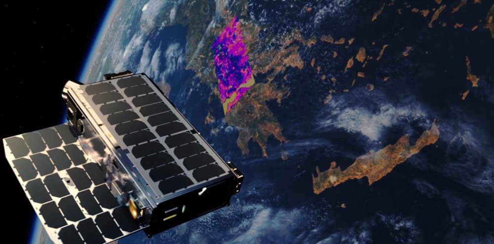 Vue d’artiste d’un cubesat d’Ororatech fourni à la Grèce pour la détection de départ d’incendie en forêt